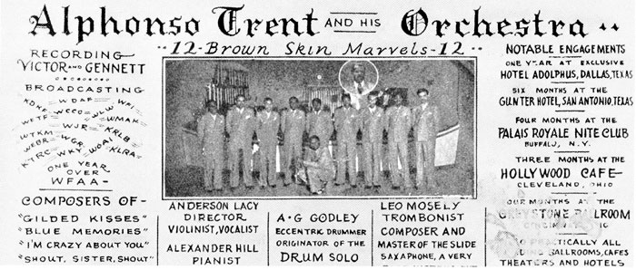 Advertisement with African-American men in suits "Alphonso Trent and His Orchestra"