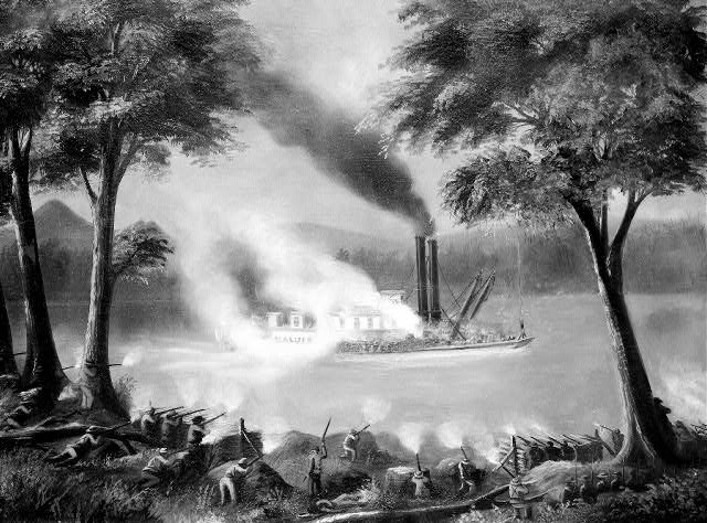 Soldiers on river bank between trees point and fire their guns at a steamboat on the river with mountains in background