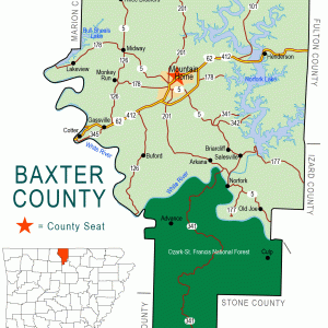 "Baxter County" map showing borders roads highways waterways  national forest