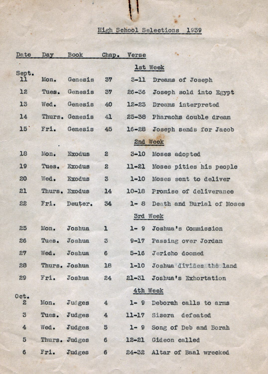 "High School Selections 1939" typed list of Bible verses with dates and descriptions of each on paper