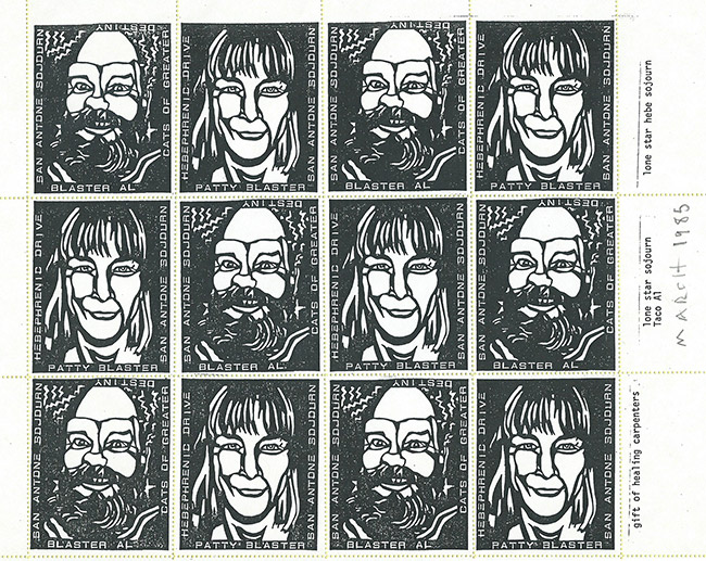 man with mustache smiling and woman smiling on black and white stamps