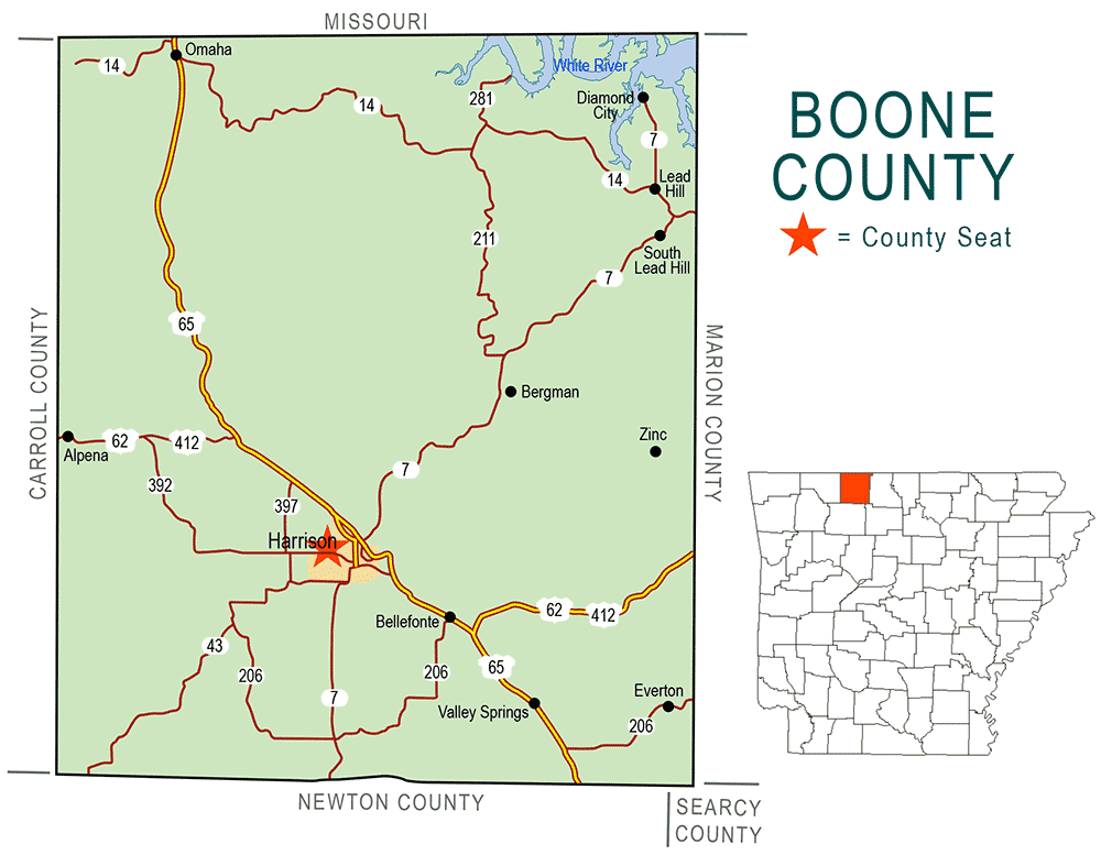 "Boone County" map showing borders roads cities waterways