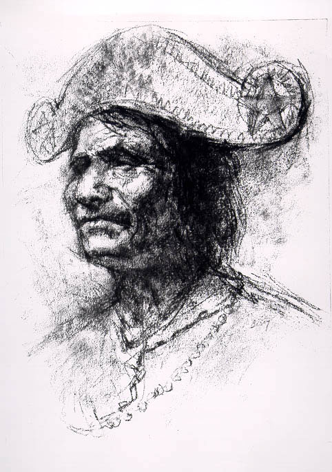 Charcoal portrait drawing of Native American man wearing necklaces and a wide antique hat decorated with stars.