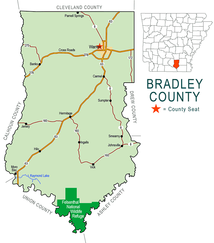 "Bradley County" map showing borders roads cities waterways national wildlife refuge