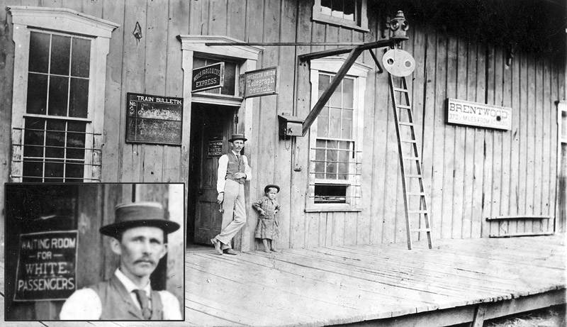 white man and little girl stand in entrance of wooden building. photo inset of white man's face in front of sign "Waiting Room for White Passengers"