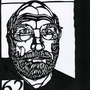 black and white drawing of bald man with beard in glasses with number 62 in bottom left corner