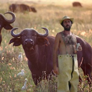 shirtless white man in overalls stands beside water buffalo in field and holds canned drink