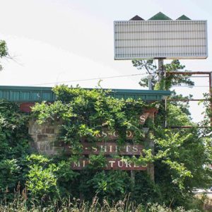 Tree and vines covering side of single-story brick building with sign and flat roof