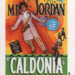 African American man with saxophone around his neck surrounded by musical notes and some smaller figures, "Here Comes Mr. Louis Jordan 'Caldonia' Black Cinema U.S.A. 42"