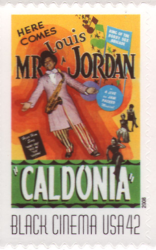 African American man with saxophone around his neck surrounded by musical notes and some smaller figures, "Here Comes Mr. Louis Jordan 'Caldonia' Black Cinema U.S.A. 42"