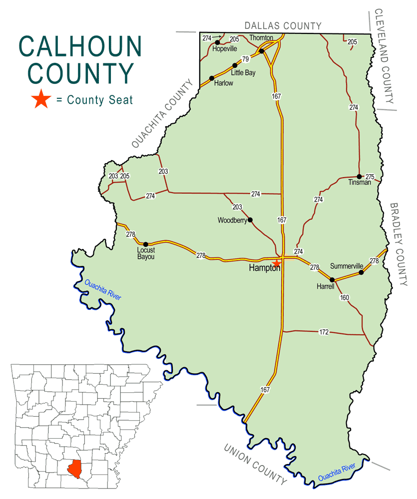 "Calhoun County" map with borders roads cities waterways