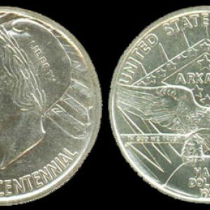 front and back of coin featuring silhouettes of indigenous people on front and Arkansas state flag and eagle on back