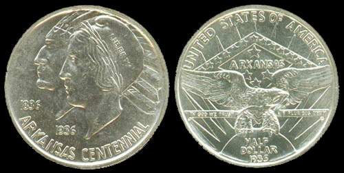 front and back of coin featuring silhouettes of indigenous people on front and Arkansas state flag and eagle on back