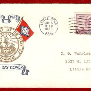 envelope featuring to one side the state seal with the state and national flags and banners reading "1836 1936 First Day Cover"
