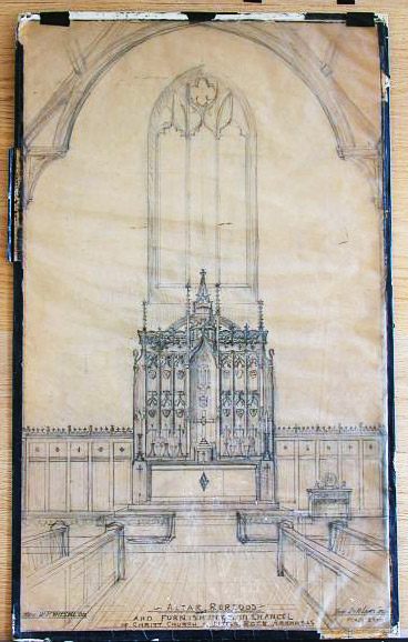 Drawing of chancel and arched stained glass window with center aisle and artist notes