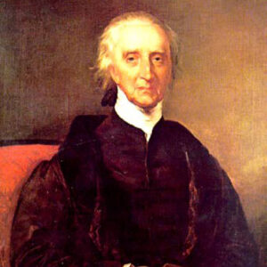 Portrait elderly white man seated in dark shirt large coat white neck stock holding book