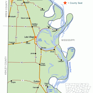 "Chicot County" map with borders roads cities waterways