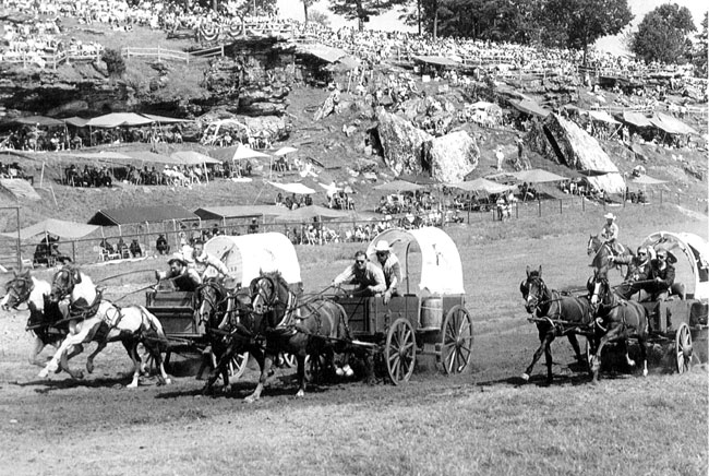 White men racing covered wagons with crowds of spectators in background