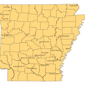 Map of Arkansas showing location of major Civil War events with red triangles