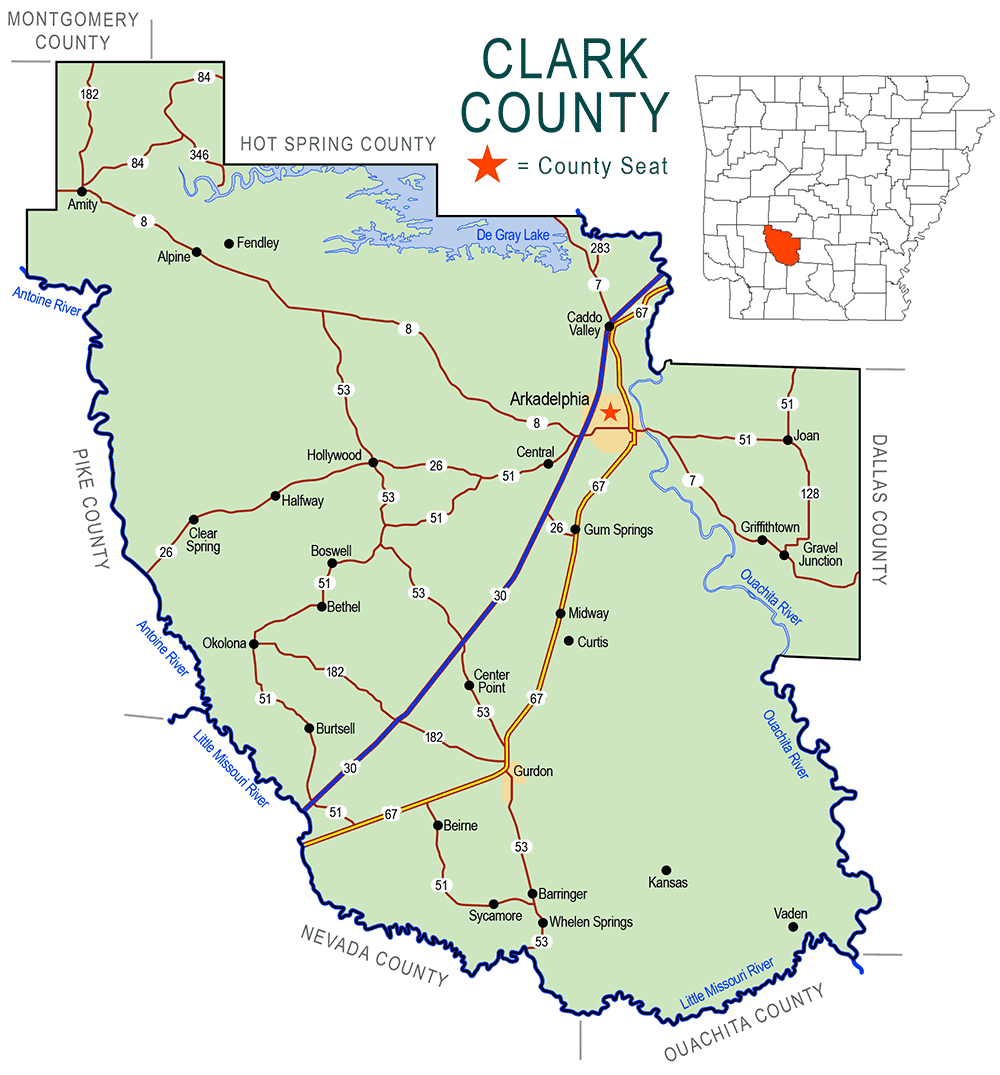 "Clark County" map with borders roads cities waterways