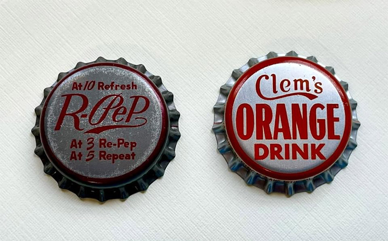 Bottle caps featuring R-Pep and Clem's logos