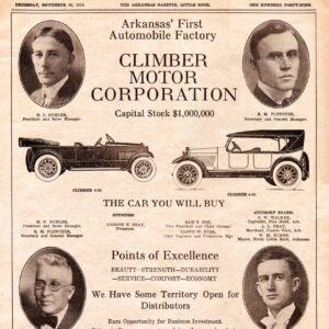 Advertisement with portraits "Arkansas First Automobile Factory Climber Motor Corporation" November 20, 1919, Arkansas Gazette