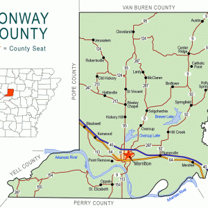 "Conway County" map with borders roads cities waterways