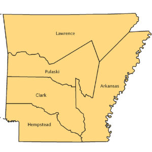 Map showing 1819 division of counties in Arkansas  with outline of unorganized territory to the west