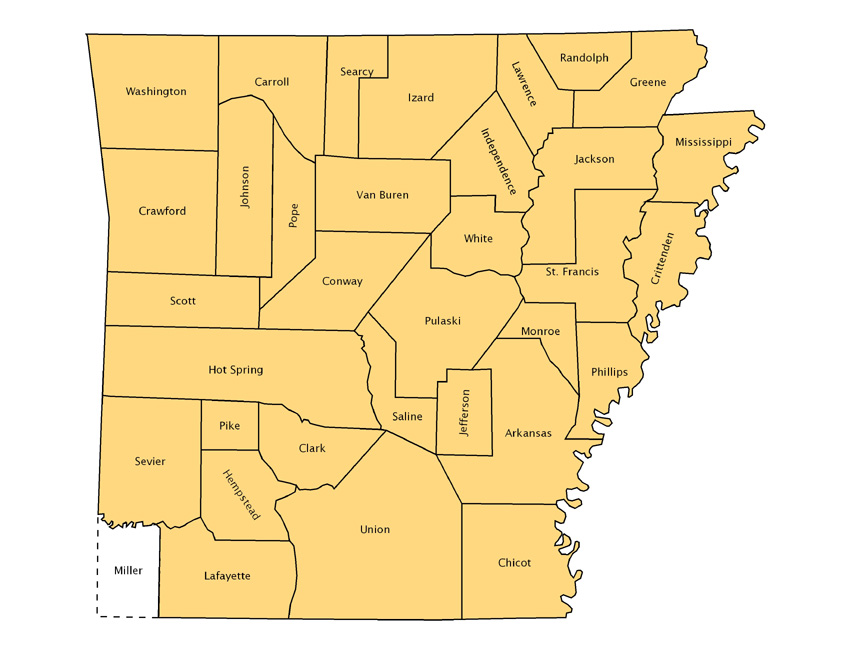 Map showing division of counties after Arkansas statehood