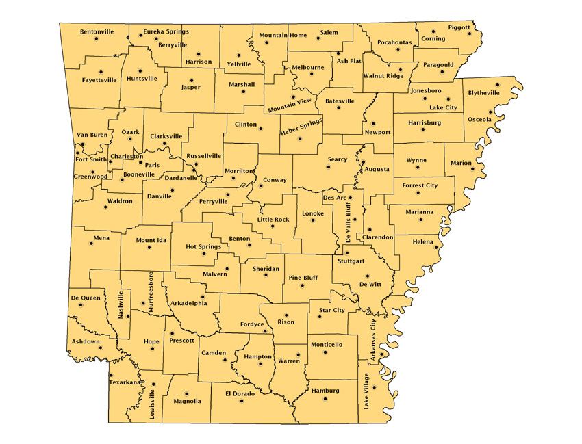 Map of Arkansas showing county seats in all 75 counties
