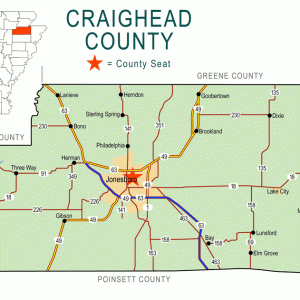 "Craighead County" map with borders roads cities river
