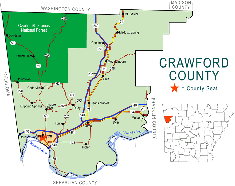 "Crawford County" map with borders roads cities waterways national forest