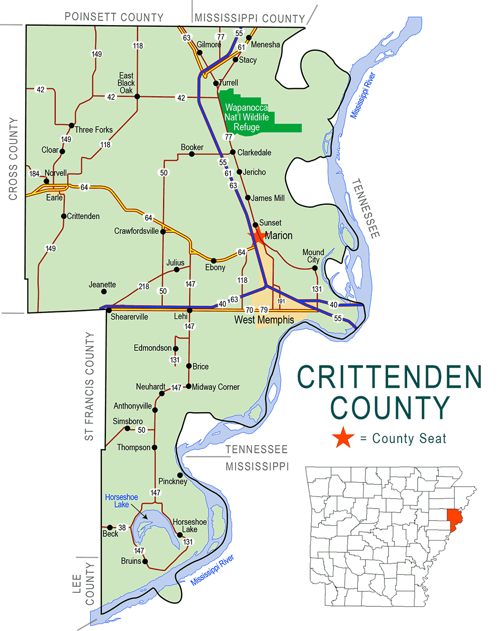 "Crittenden County" map with borders roads cities waterways wildlife refuge