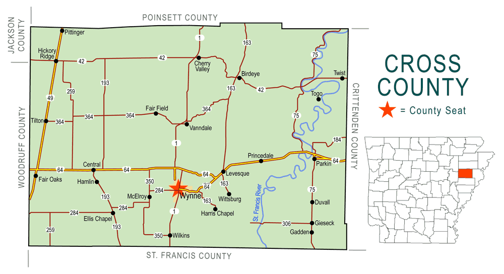 "Cross County" map with borders roads cities river