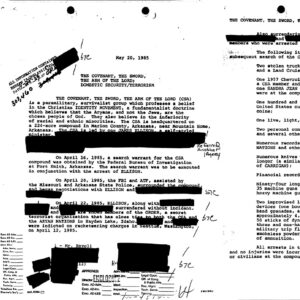 Document with censoring heading "May 20, 1985 Covenant Sword Arm of the Lord; Domestic Security/Terrorism "