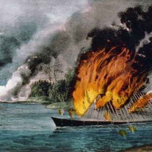 Ironclad boats on fire attacking each other on a river