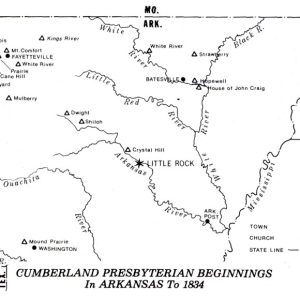 Map of Arkansas labeled "Cumberland Presbyterian Beginnings in Arkansas to 1834"