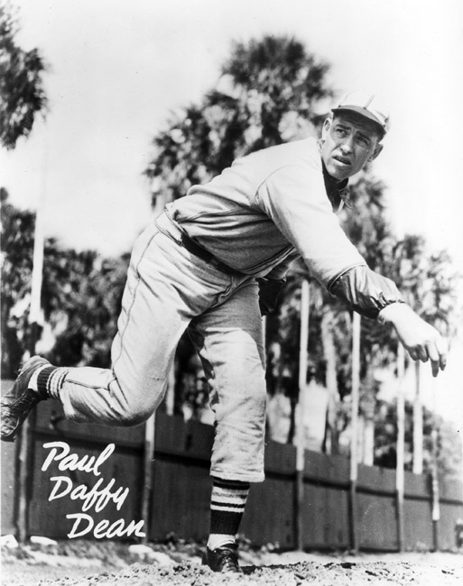 Portrait "Paul Daffy Dean" baseball player white man in uniform throwing motion focused expression