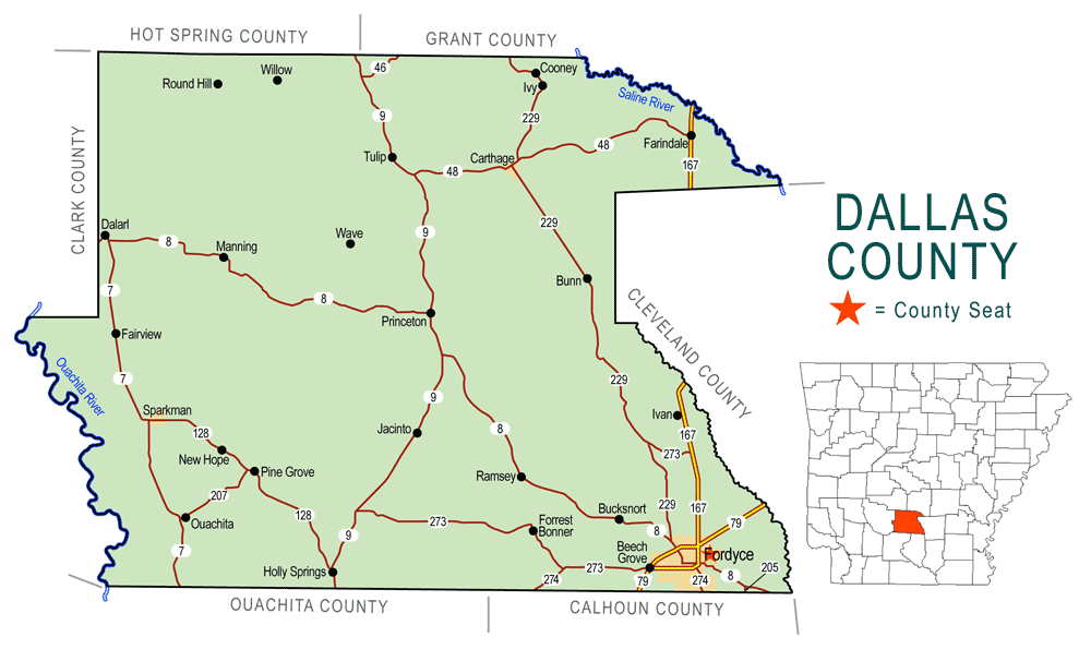 "Dallas County" map with borders roads cities rivers