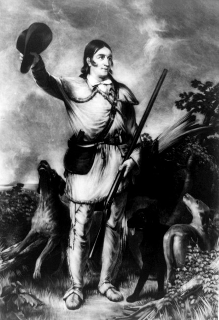illustration of white man in animal skin clothes holding a rifle and waving a hat with a dog on either side of him