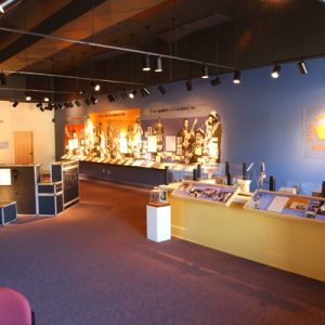 exhibit displays filled with various music-related objects