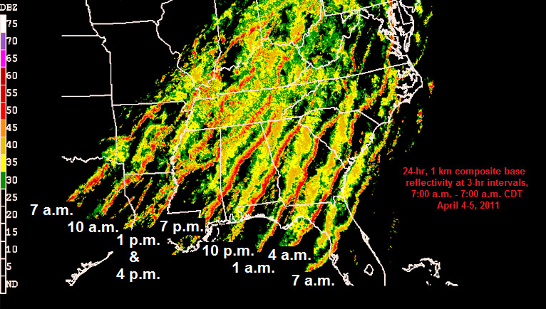 Black weather map of Southeastern U.S. with storms denoted in green and red