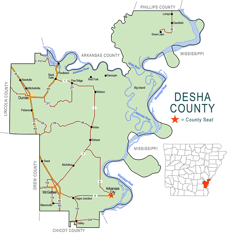 "Desha County" map with borders roads cities rivers