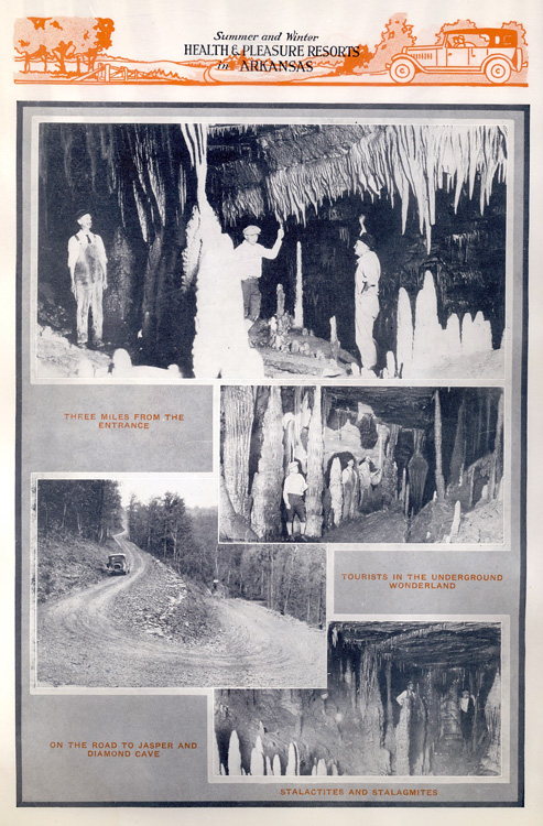 Print ad for "Summer and Winter Health & Pleasure Resorts in Arkansas" with photos of tourists in caves, captions