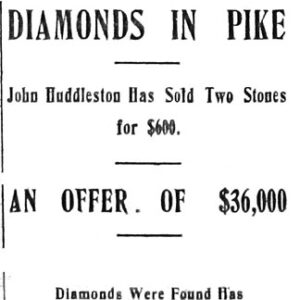 Newspaper clipping with heading "Diamonds in Pike" on Murfreesboro diamond mine discovery and sales