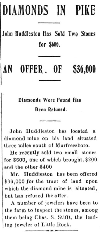 Newspaper clipping with heading "Diamonds in Pike" on Murfreesboro diamond mine discovery and sales