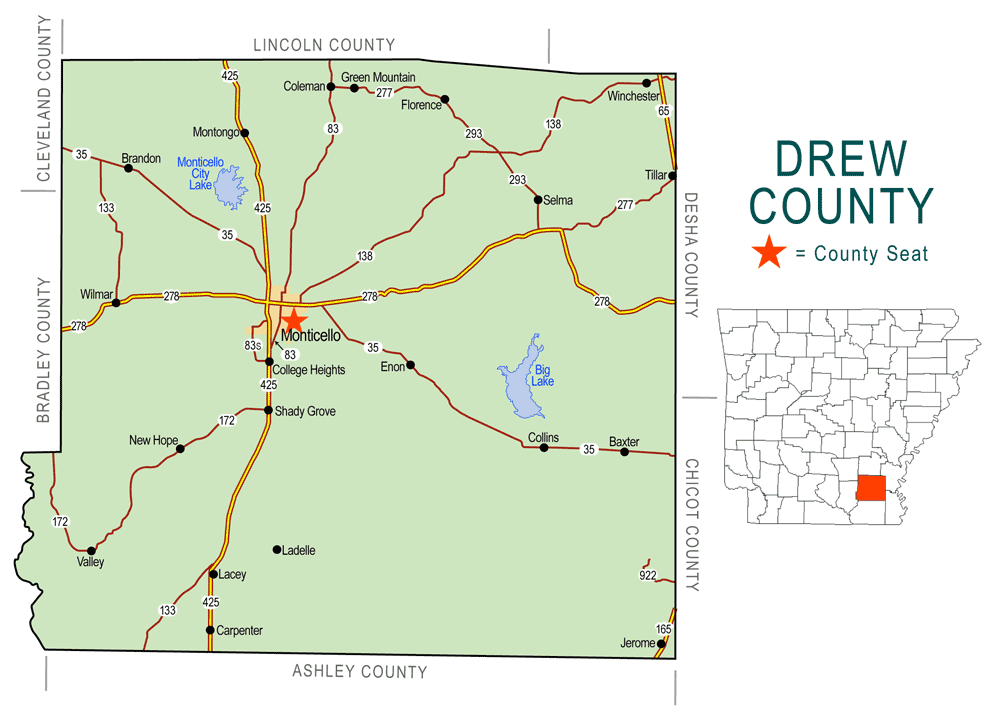 "Drew County" map with borders roads cities lakes