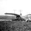 airplane upside down with crumpled body in tall grass in field with power lines in distance