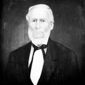 Portrait painting of a stern white man with white hair and a chin strap beard wearing a suit jacket and bow tie