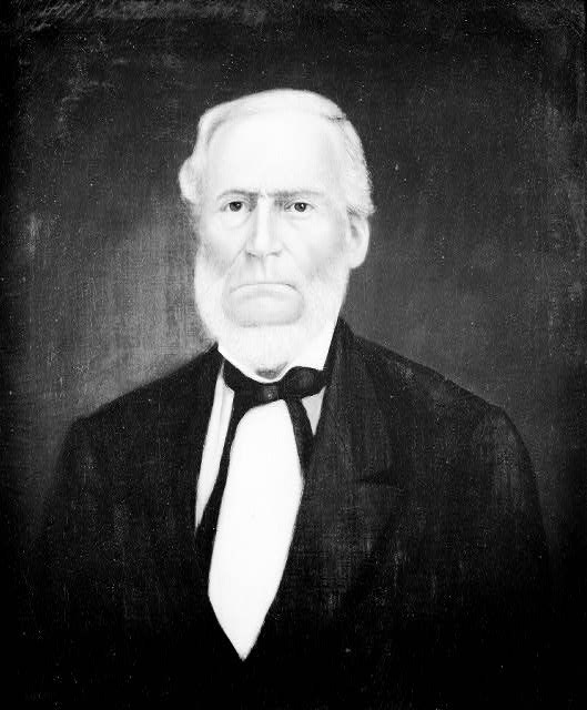 Portrait painting of a stern white man with white hair and a chin strap beard wearing a suit jacket and bow tie